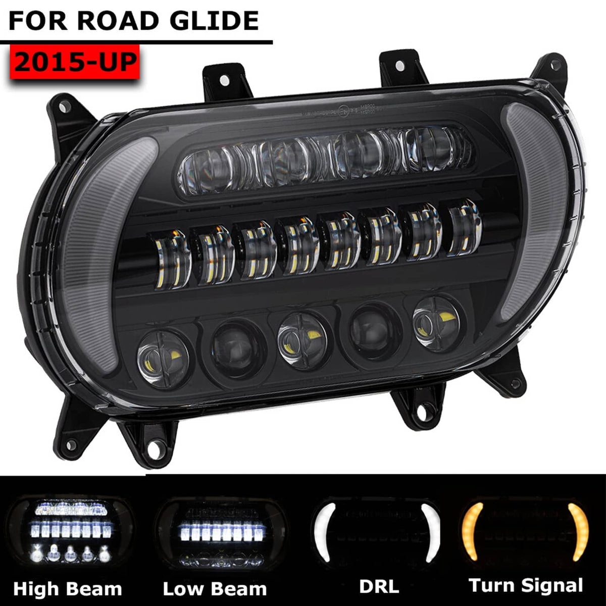 Black LED headlight housing with DRL strip and lens array for Road Glide