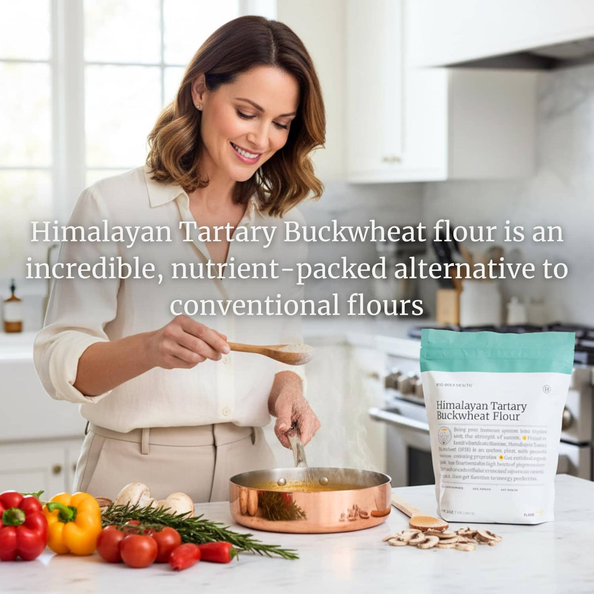 Himalayan Tartary buckwheat flour pouch on kitchen counter near bowl and ingredients