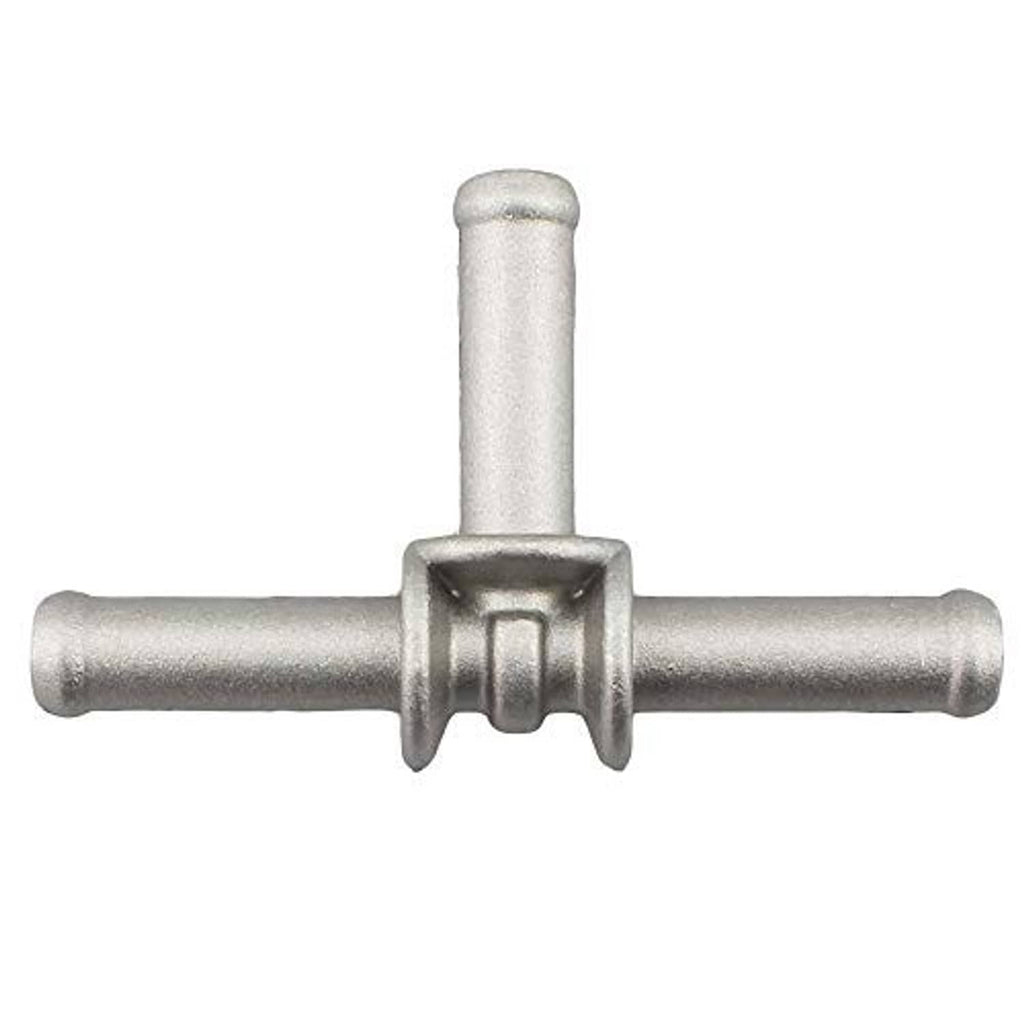 Aluminum coolant hose T-fitting coupler with silver body and barbs on three sides
