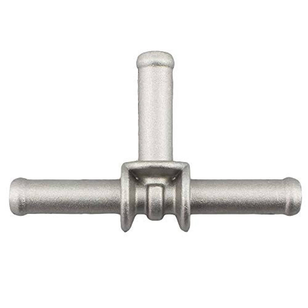 Aluminum coolant hose T-fitting coupler with silver body and barbs on three sides