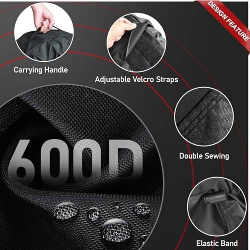 Black 600D spare tire tote with carrying handle, adjustable Velcro straps, double stitching