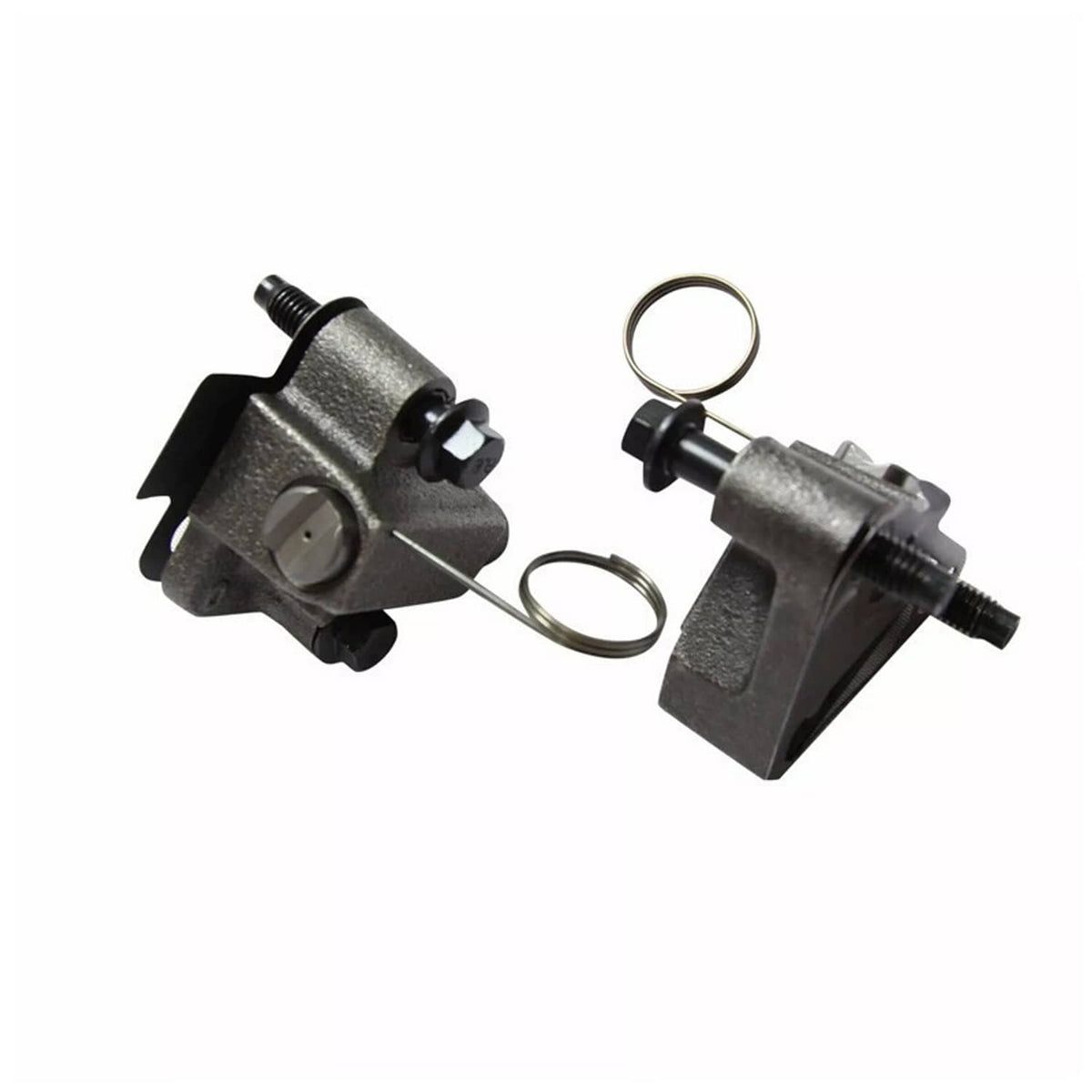 Mechanical oil pump assembly with two metal housings, springs, and mounting hardware