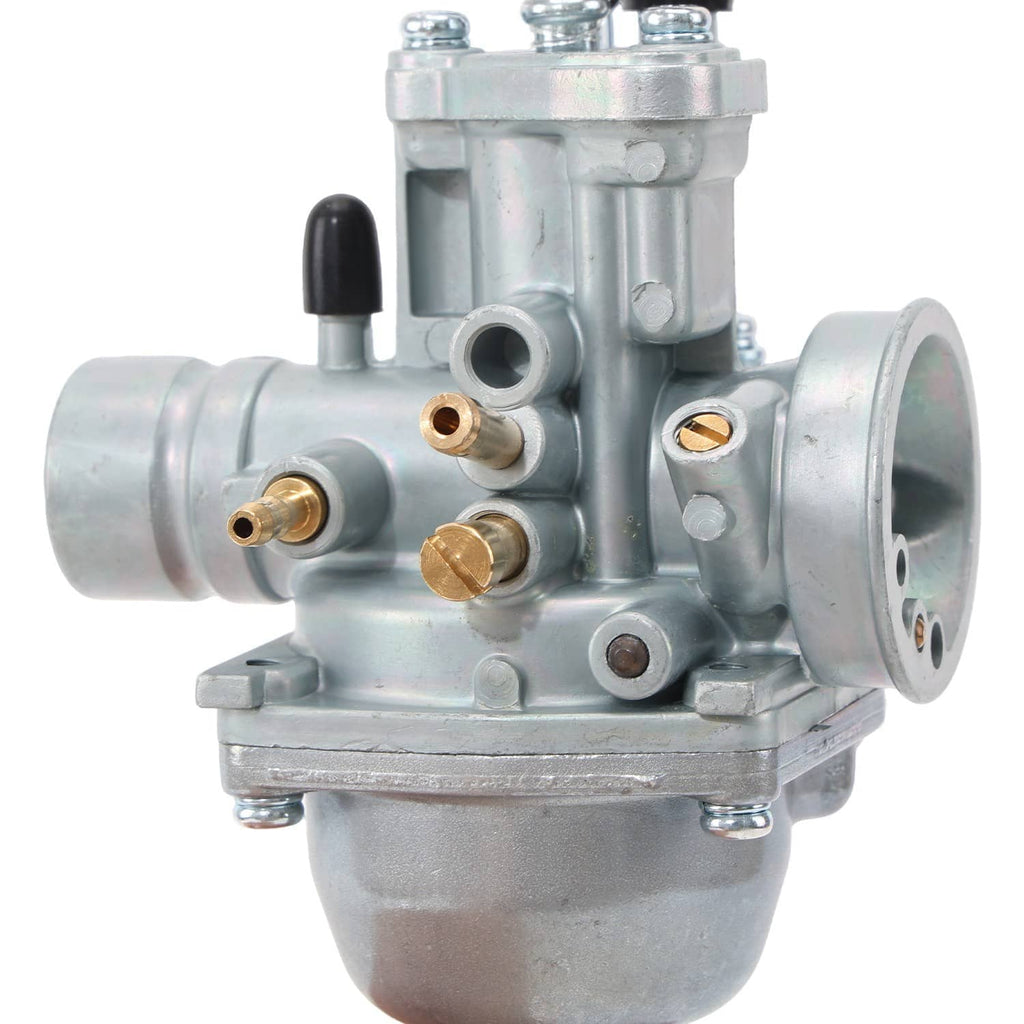 Gray carburetor with brass adjustment ports and black air intake hoses
