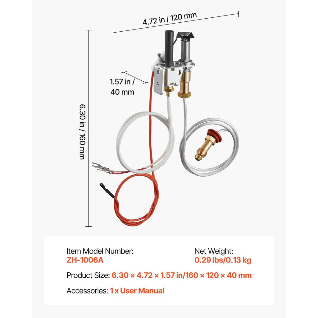 Gas pilot assembly with electrode and thermopile probes, tubing, and red/white leads