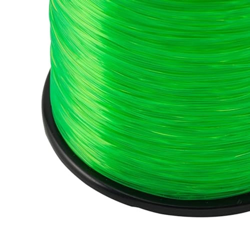 Neon green monofilament line coiled on a black spool edge
