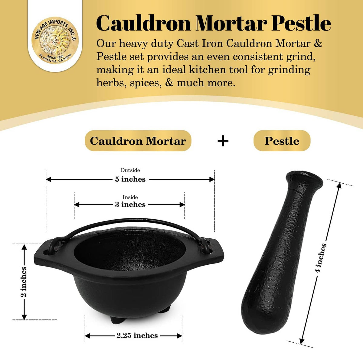 Black cast iron cauldron mortar with pestle, two-piece set