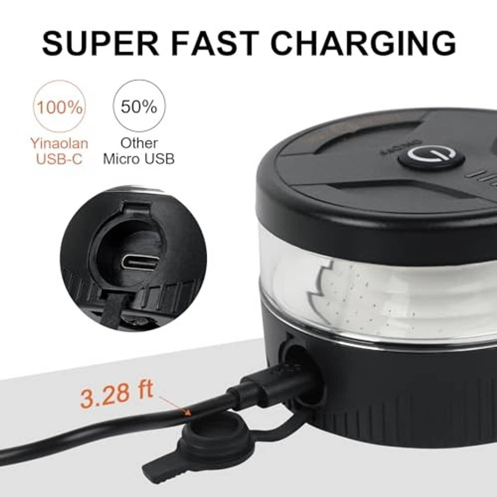 Black USB-C rechargeable strobe warning light with charging cable and port