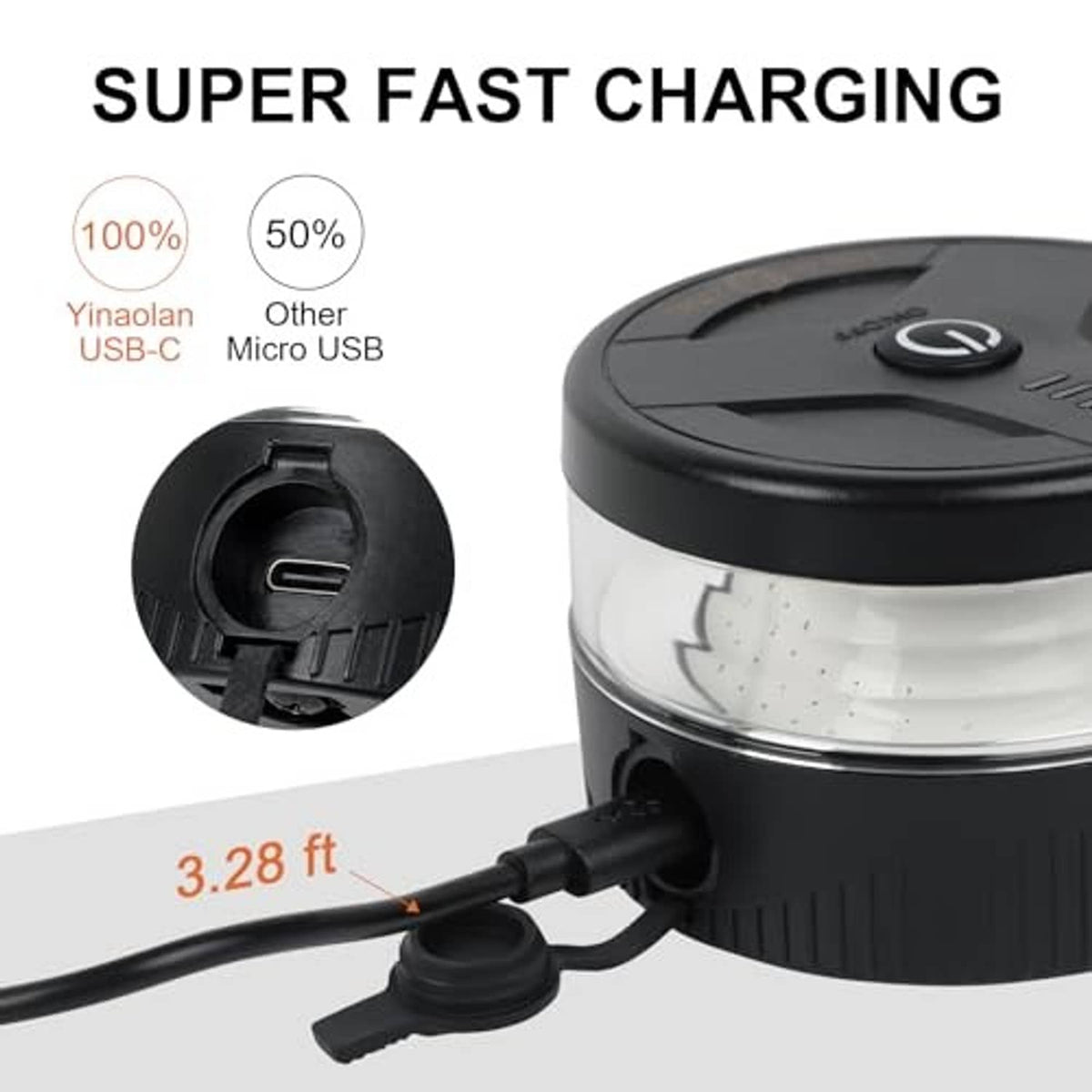 Black USB-C rechargeable strobe warning light with charging cable and port