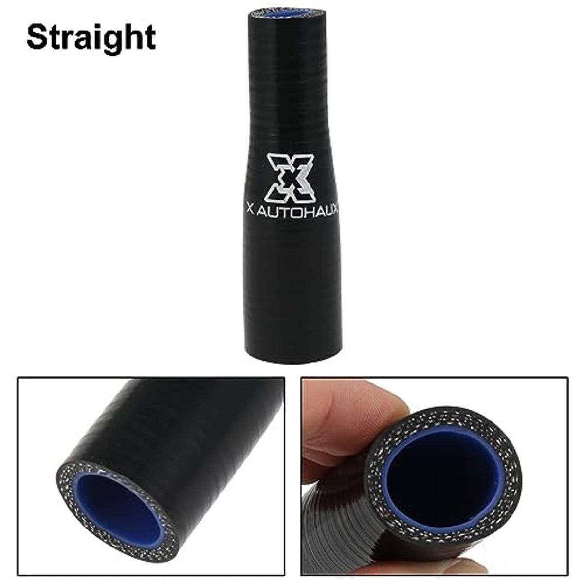 Black rubber straight hose reducer with blue inner opening, close-up views