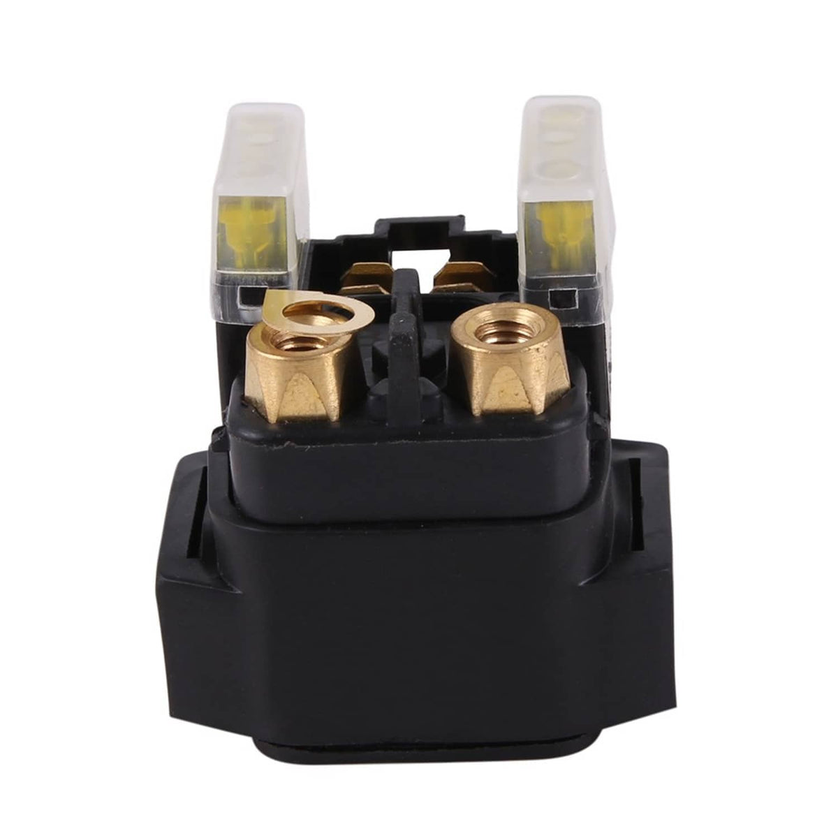 ATV starter solenoid relay assembly front view with four brass contacts and clear covers