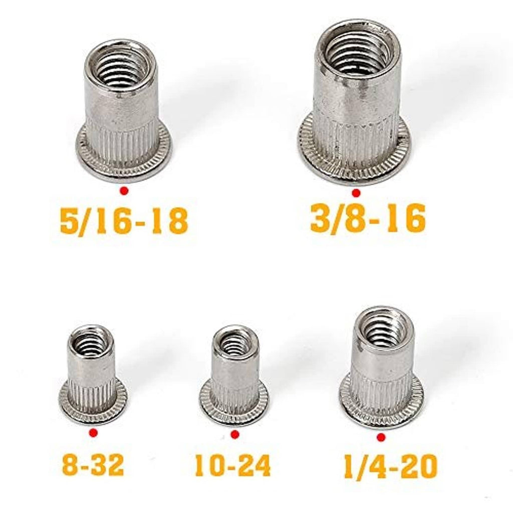 Stainless rivet nuts with size labels 5/16-18, 3/8-16, 8-32, 10-24, 1/4-20
