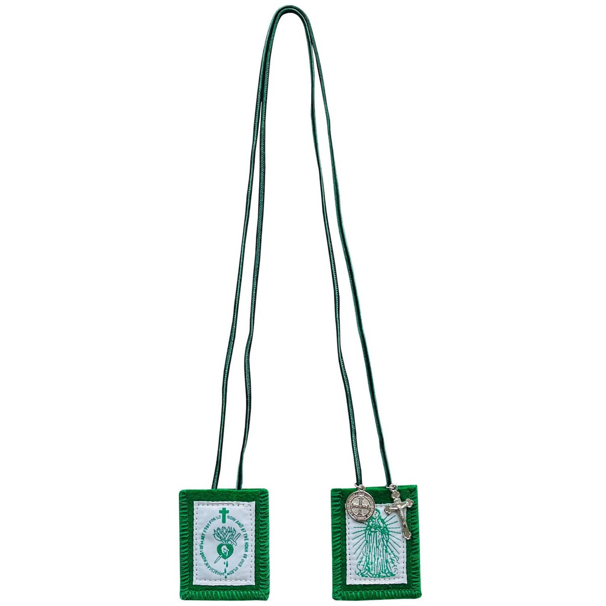 Pair of green Catholic scapulars with white panels and round medal charms on cord