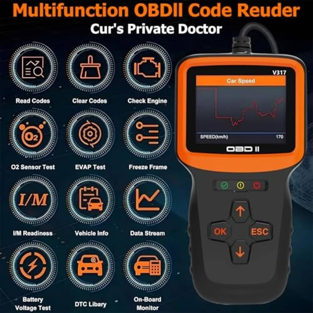 OBD2 diagnostic scanner showing car speed graph on orange-backlit screen