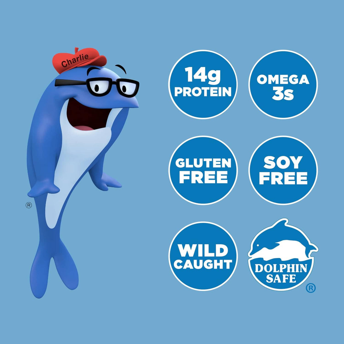 Product icons: 14g protein, omega-3s, gluten free, soy free, wild caught