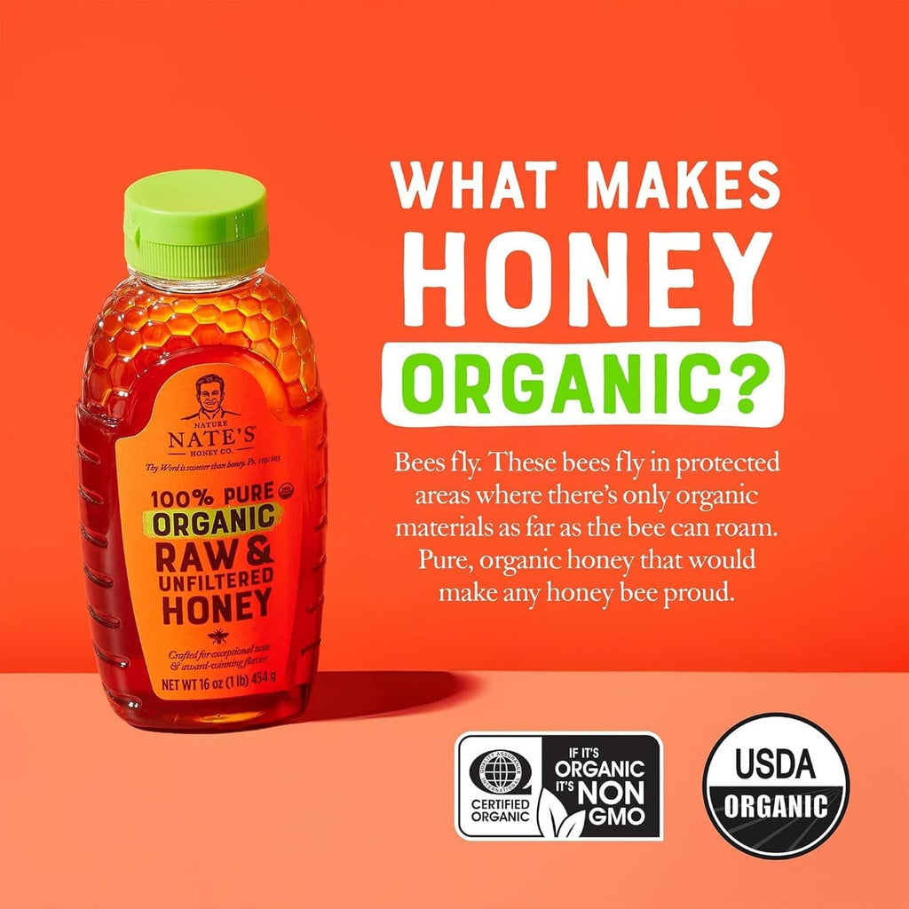 Nate's organic raw & unfiltered honey bottle with green cap, amber honey