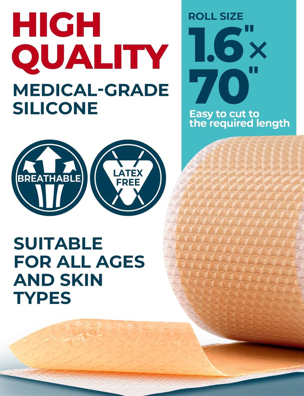 Beige silicone scar tape roll with a cut-to-length tape strip