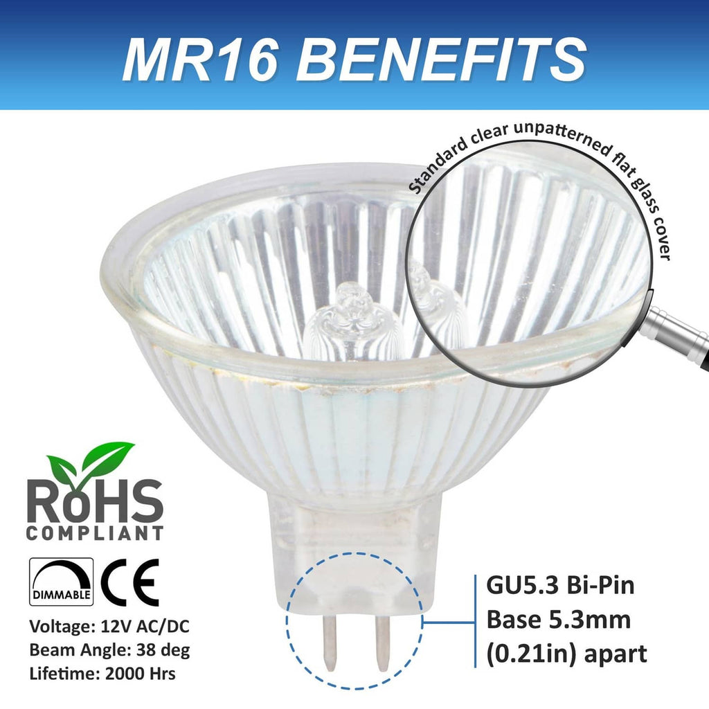 MR16 halogen spotlight bulb with GU5.3 bi-pin base and clear reflector glass