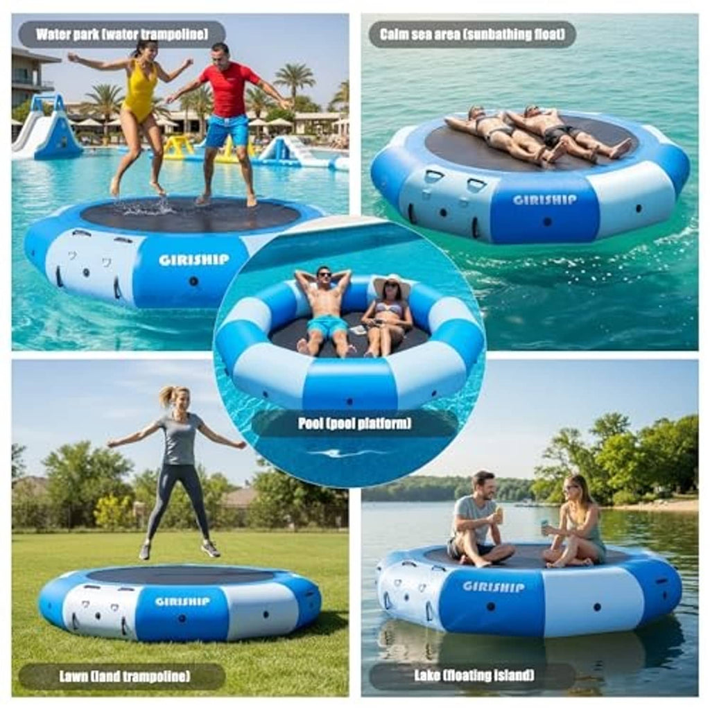 Inflatable water trampoline with blue-and-white float tubes and black jump mat, GIRISHIP