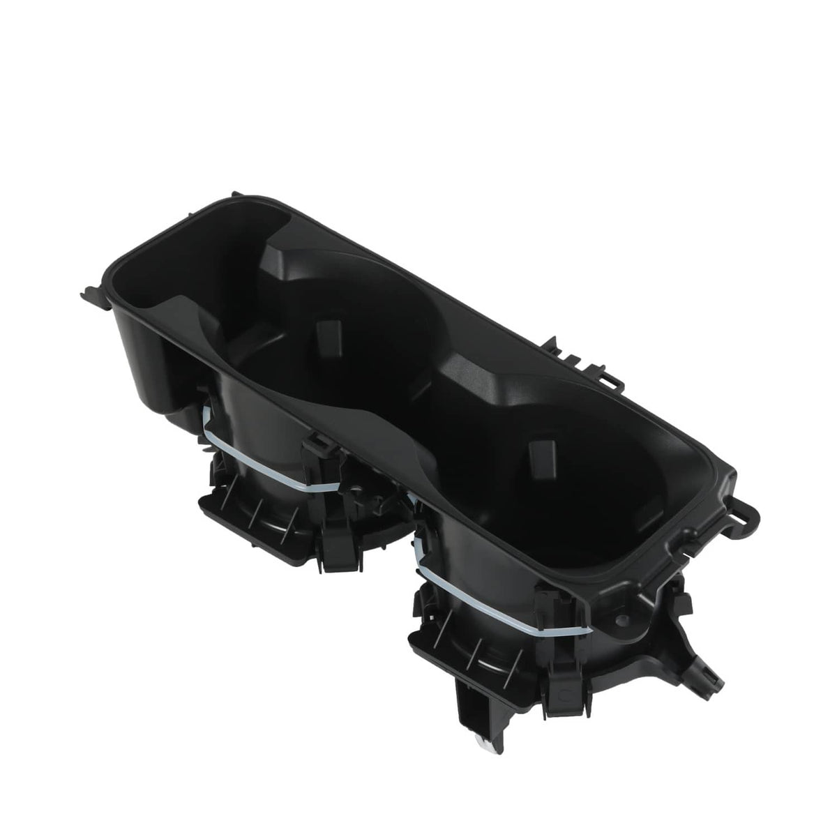 Black two-cup center console cup holder insert angled view with front lip and tabs
