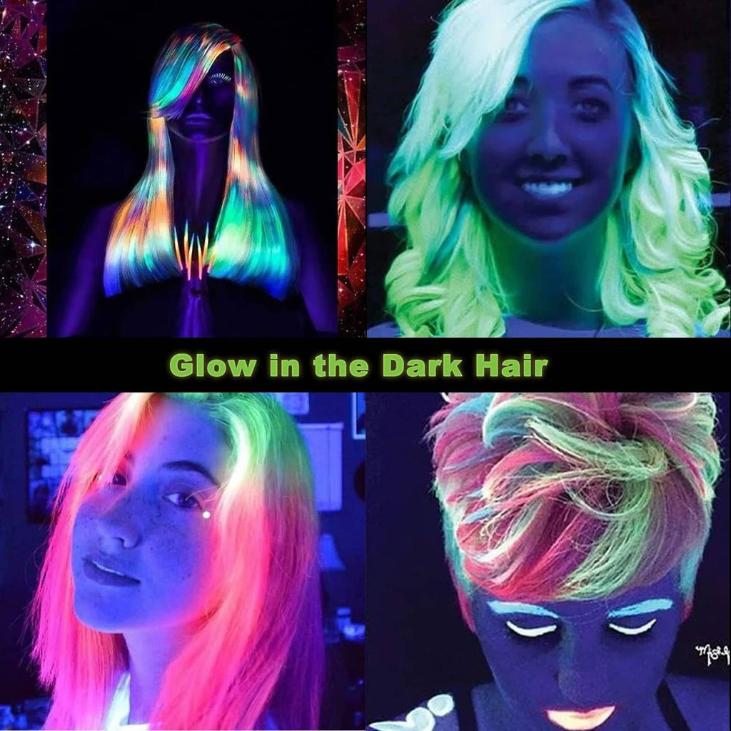 Glow-in-the-dark UV LED blacklight bulbs producing multicolor neon lighting (bulbs not clear)
