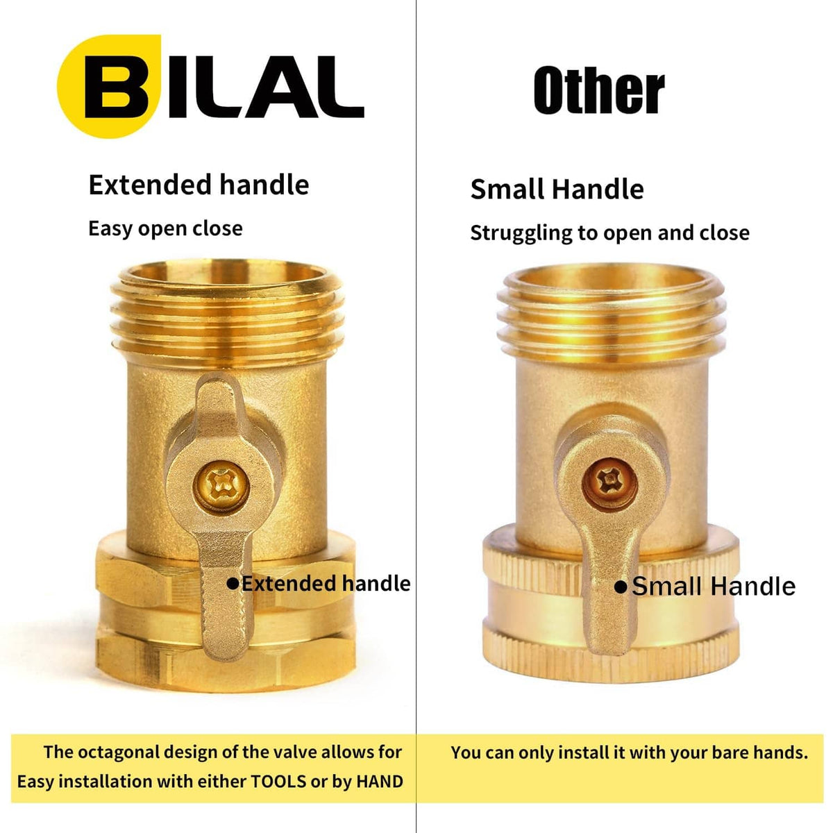 Brass garden hose shut off valve with extended handle and threaded inlet