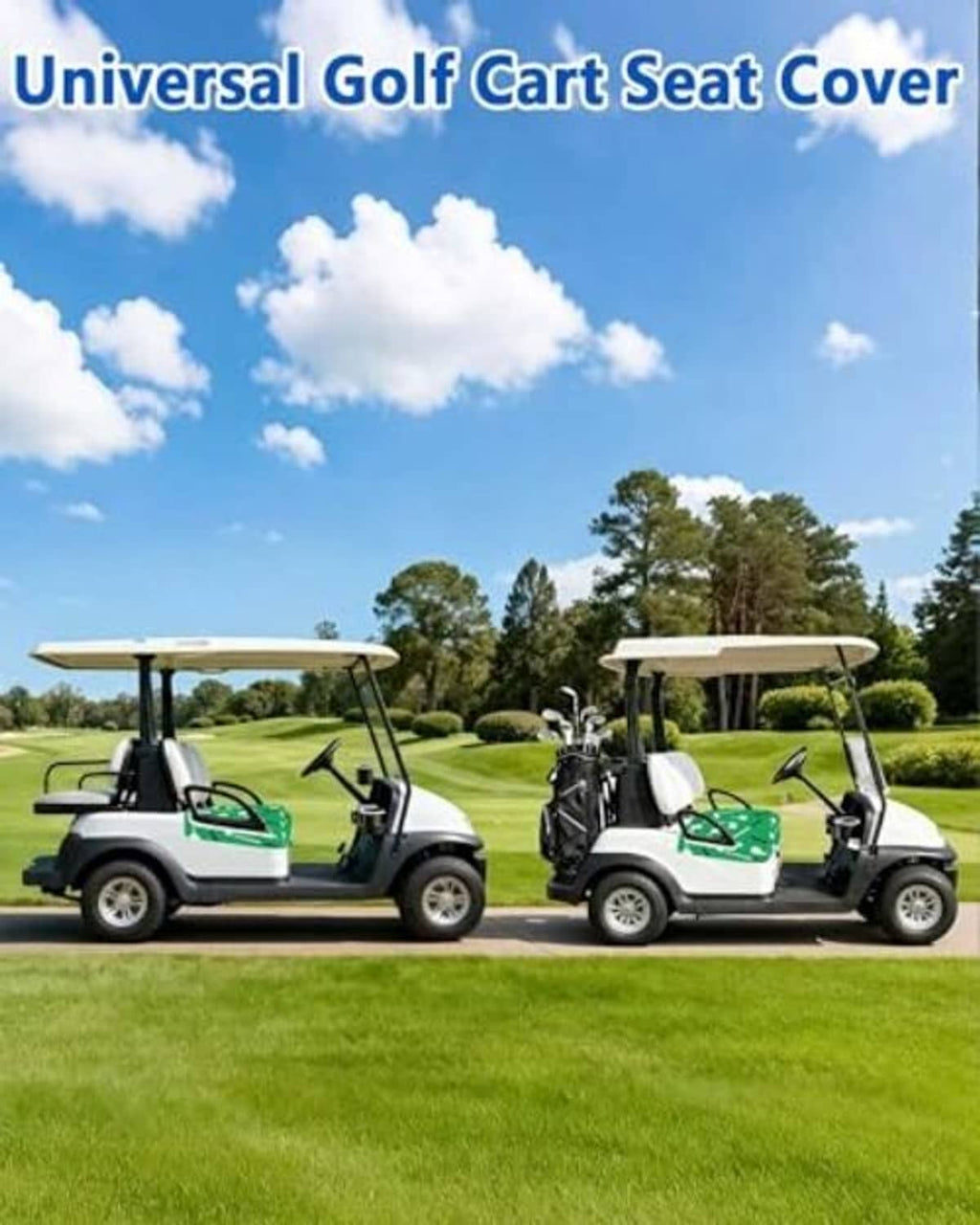 Universal golf cart seat cover, green club-pattern towel on white padded seats