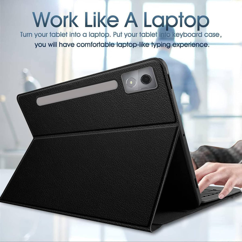 Black folio keyboard case with touchpad and built-in keyboard, tablet upright
