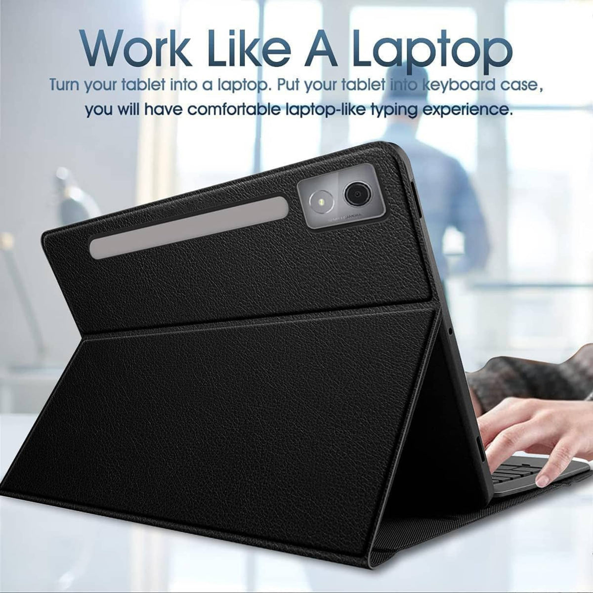 Black folio keyboard case with touchpad and built-in keyboard, tablet upright