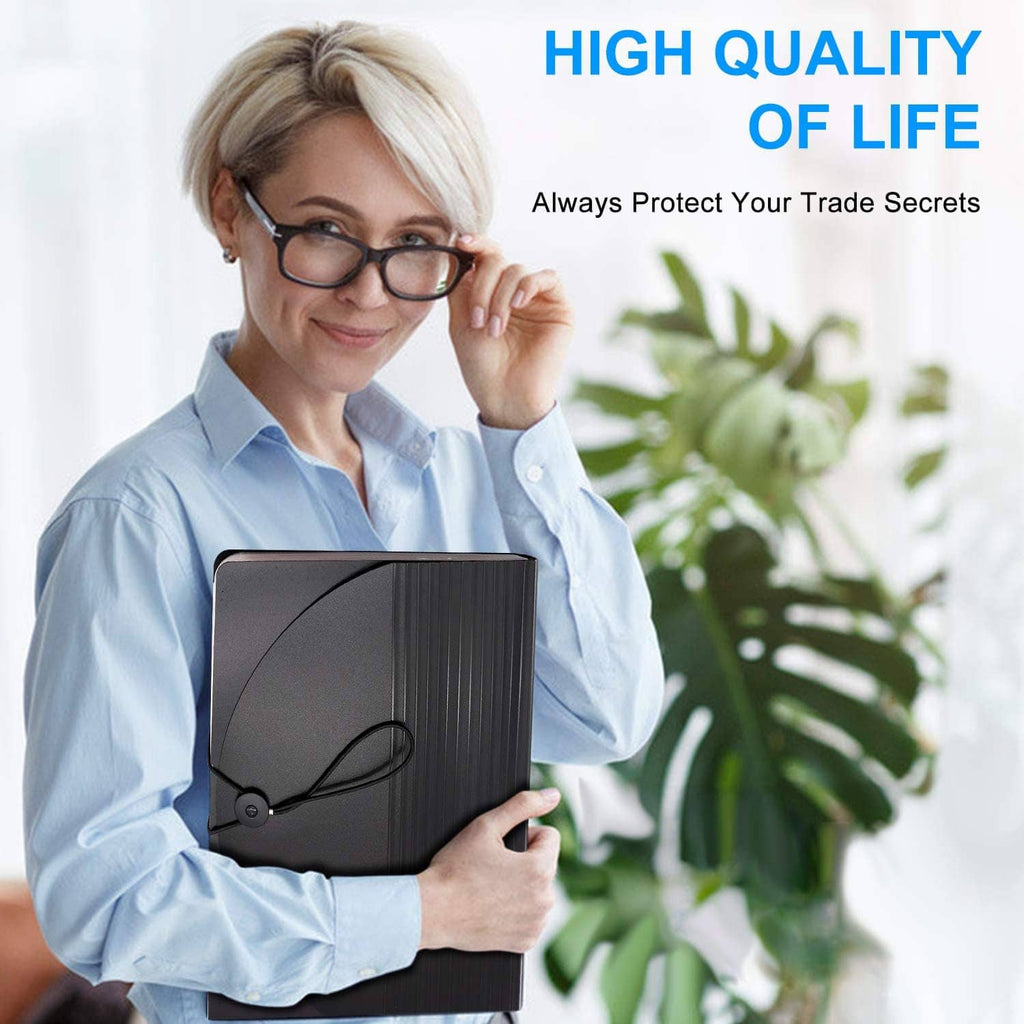 Black accordion file folder held in hands with multicolor interior pockets