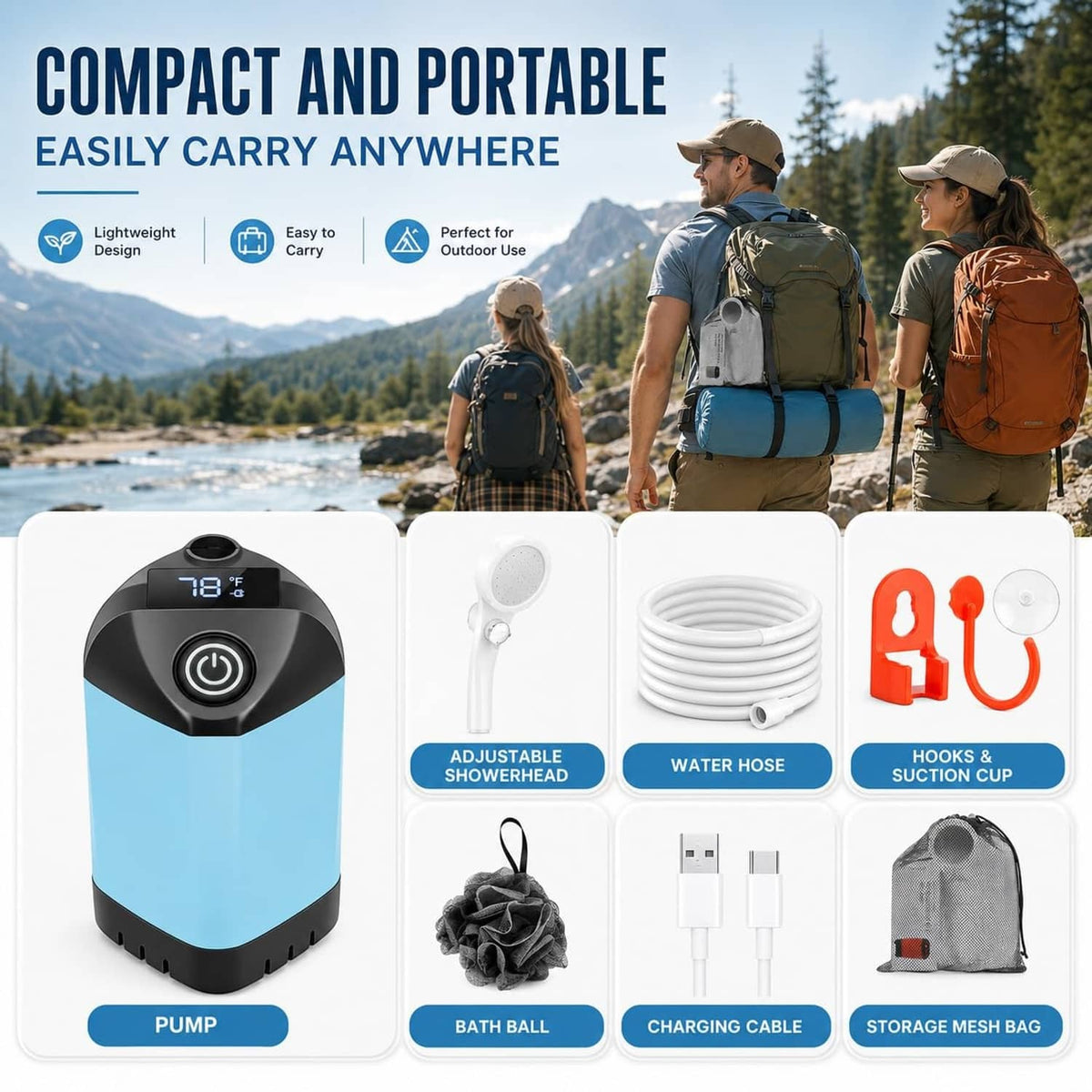 Compact portable shower kit with adjustable showerhead, hose, and mesh storage bag