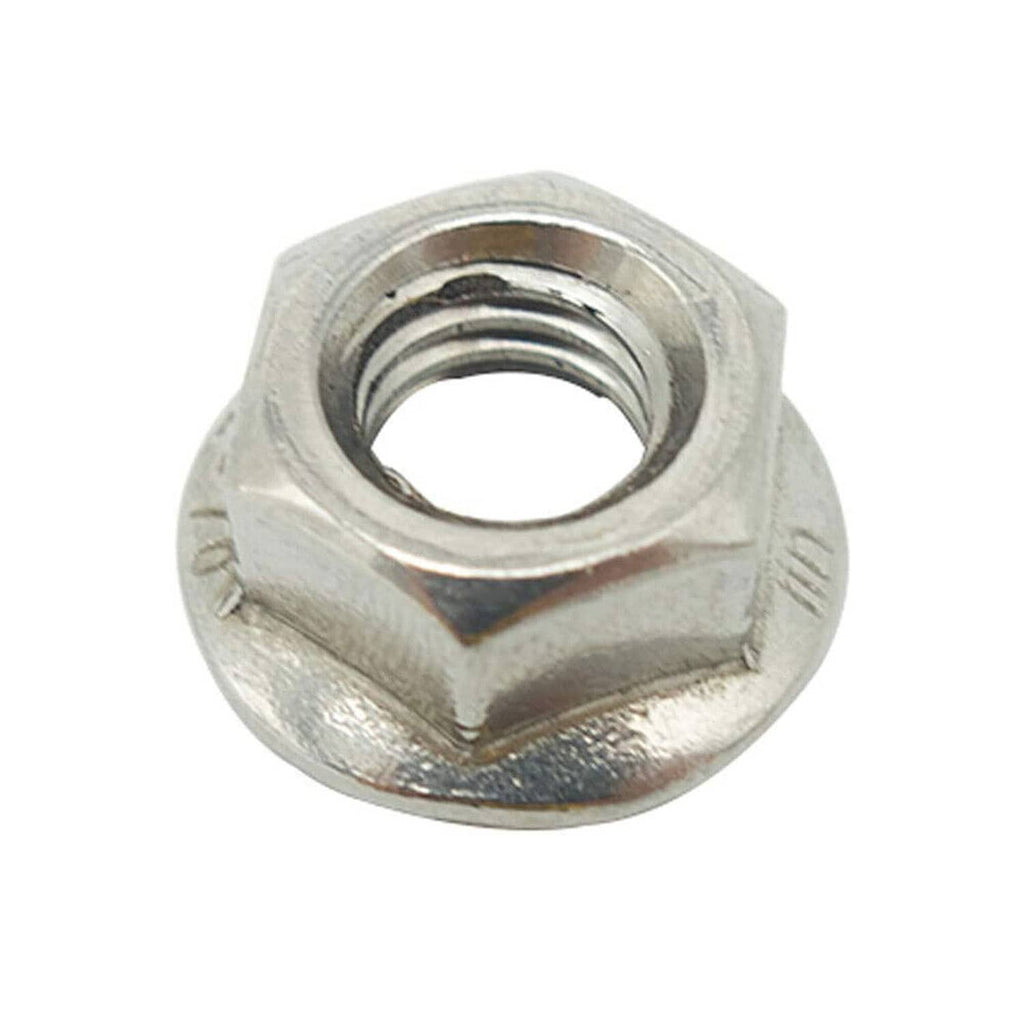 Close-up of a silver hex nut with inner threads and beveled edges.