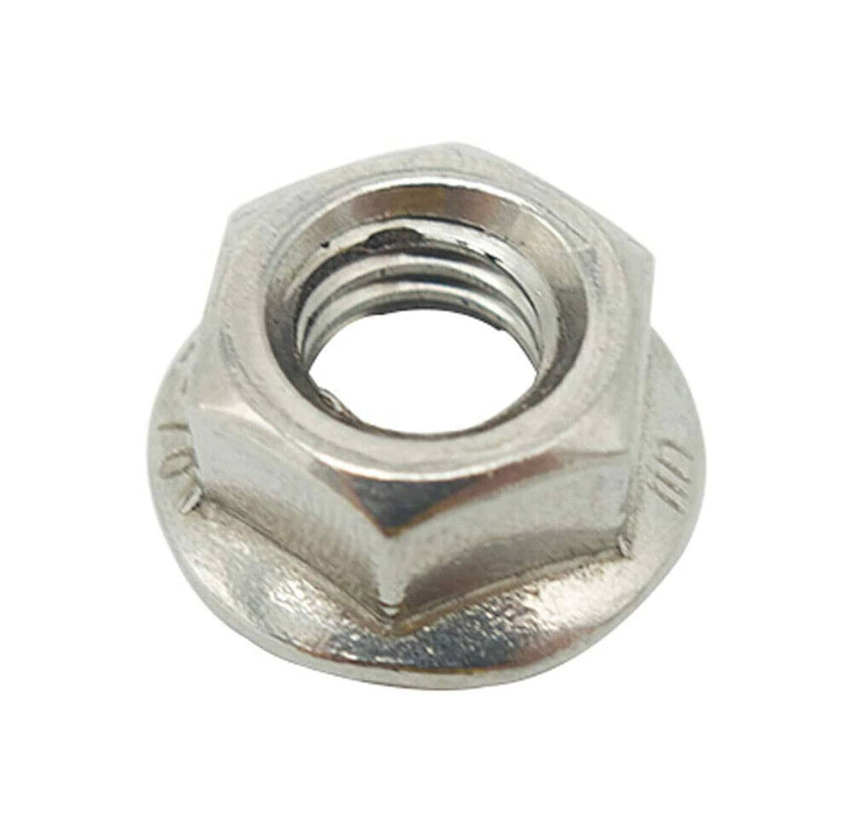 Close-up of a silver hex nut with inner threads and beveled edges.