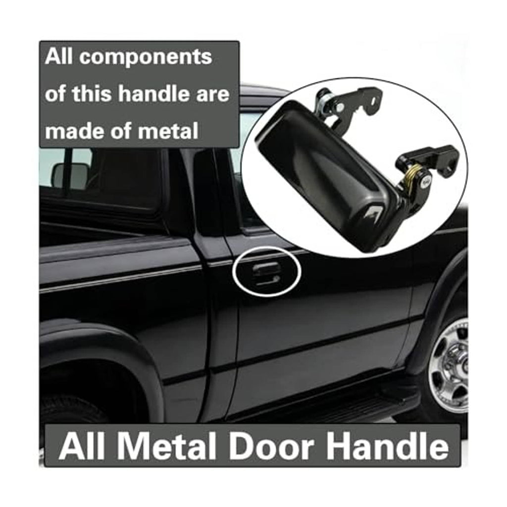 All-metal exterior door handle on a dark pickup, close-up of glossy black lever