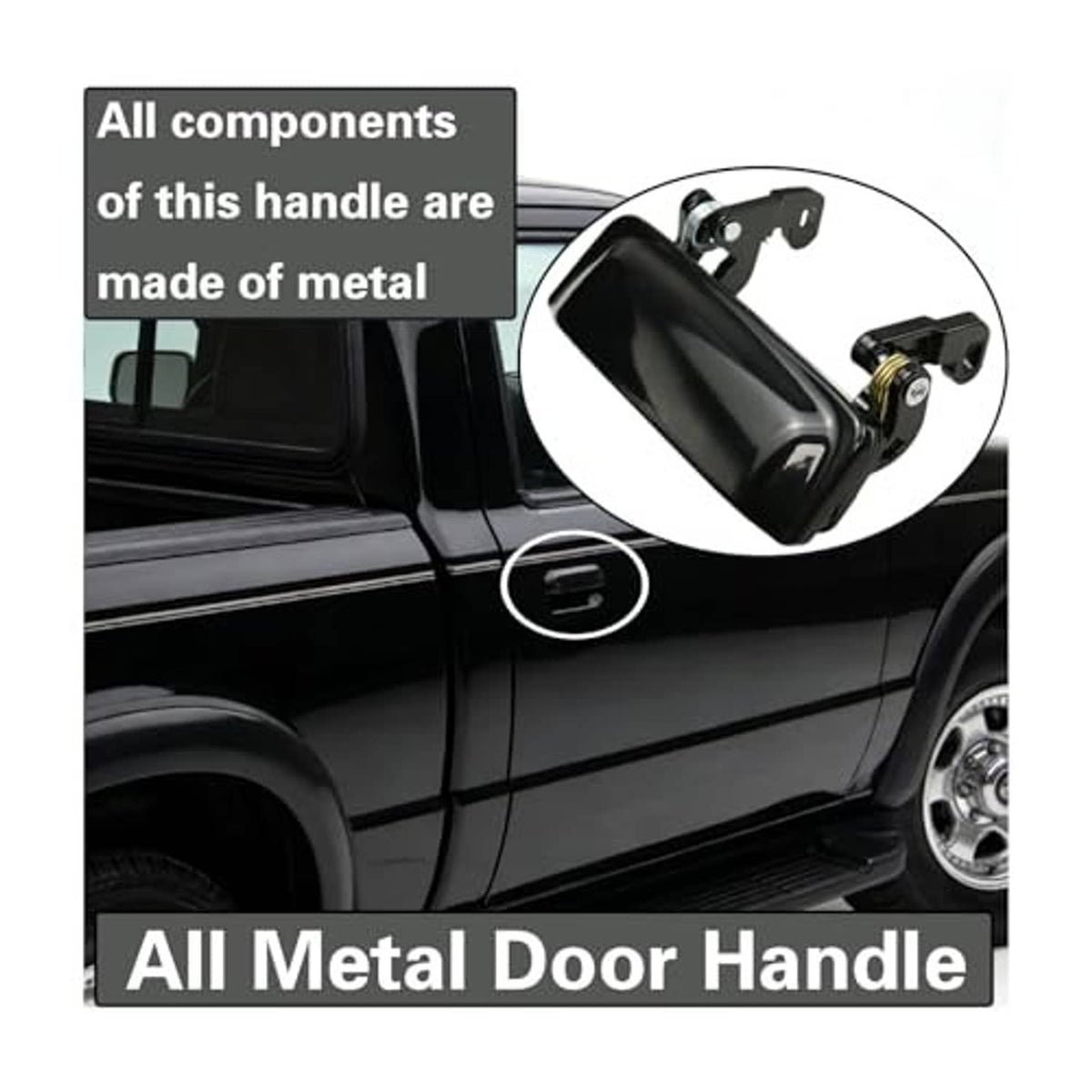All-metal exterior door handle on a dark pickup, close-up of glossy black lever