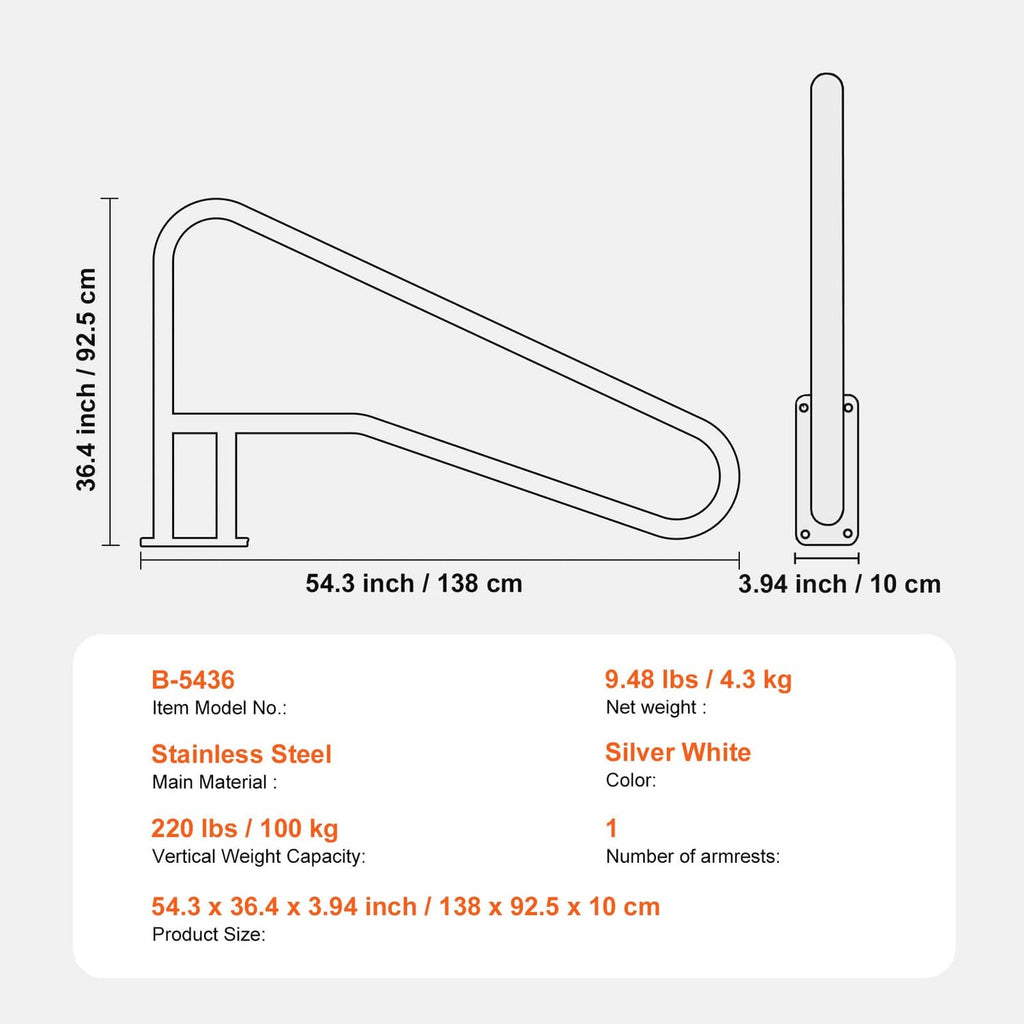 Pool handrail dimensions: 54.3 in x 36.4 in, stainless steel with base plate