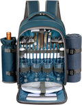 Teal picnic backpack open, showing metal cutlery and wine glasses with bottle holders