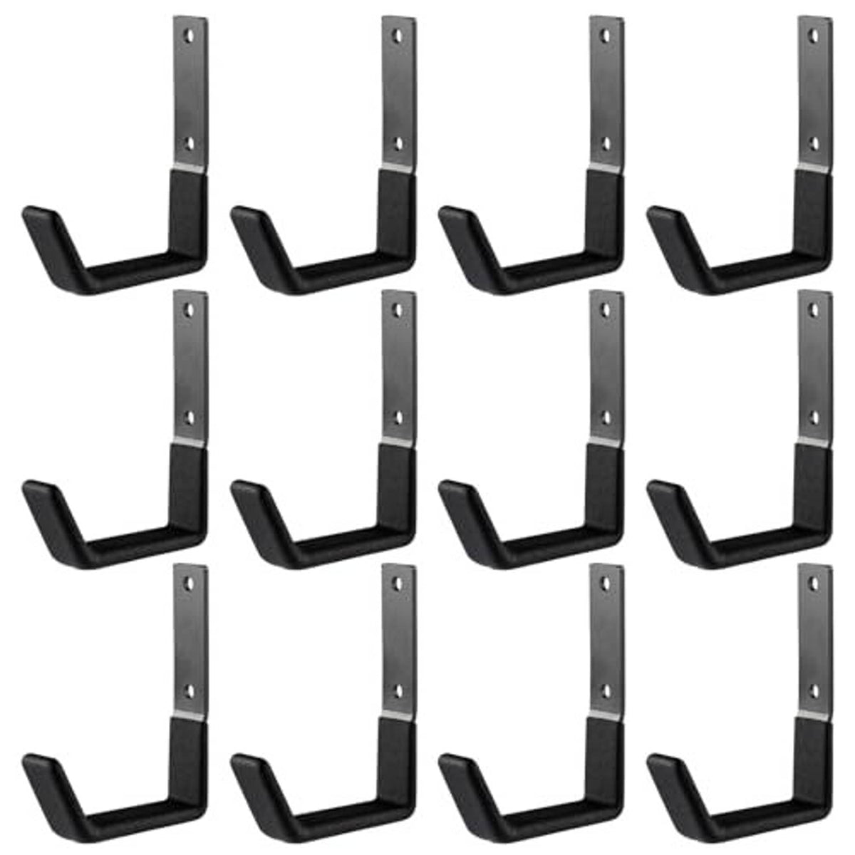 Multiple small black steel wall mount U-hooks with flat mounting plates and holes