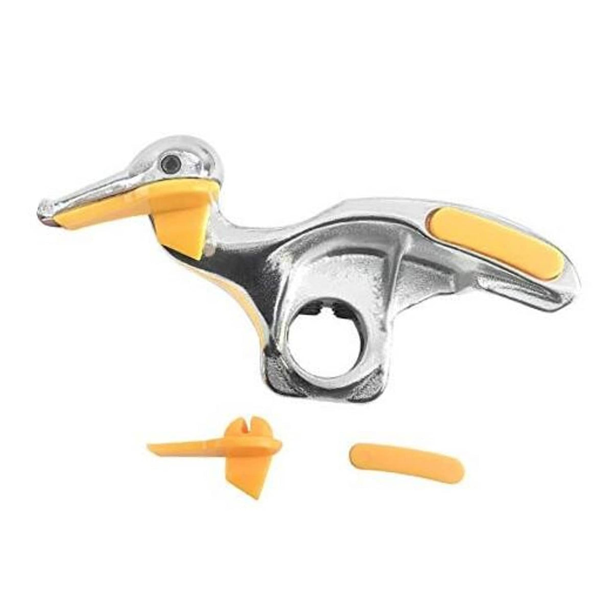 Tire changer duck head tool with yellow plastic tips and mounting pin tool-free insert pieces