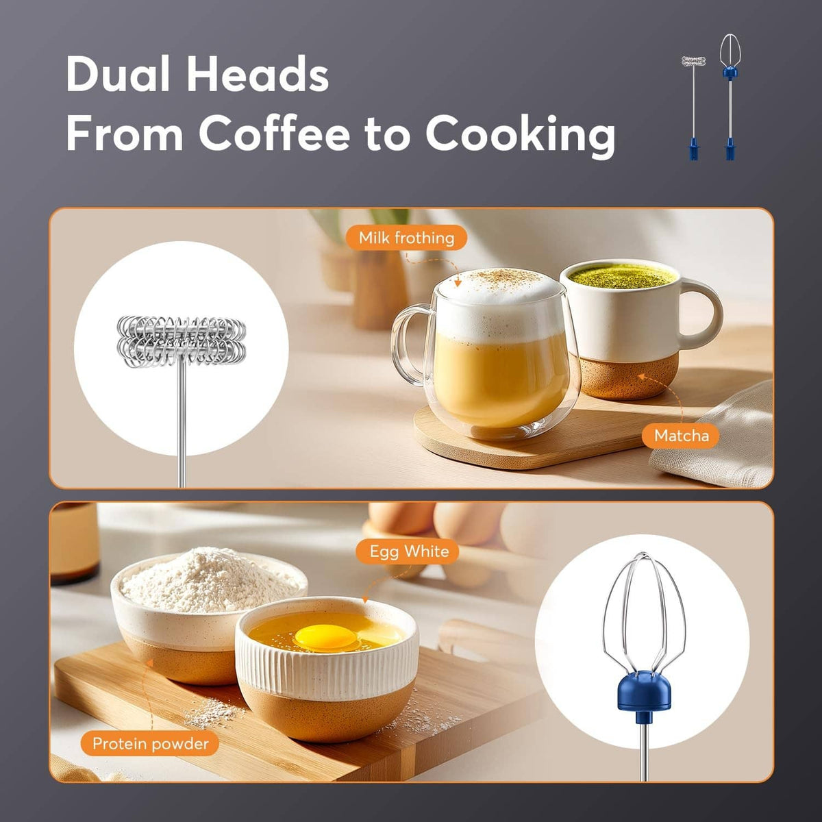Blue dual-head milk frother with whisk attachment for foaming cups.