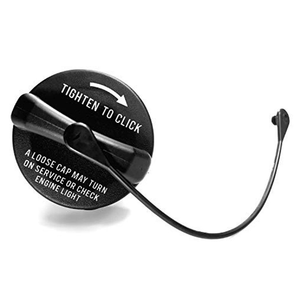 Black fuel cap with tether cord and locking tab, tighten-to-click design