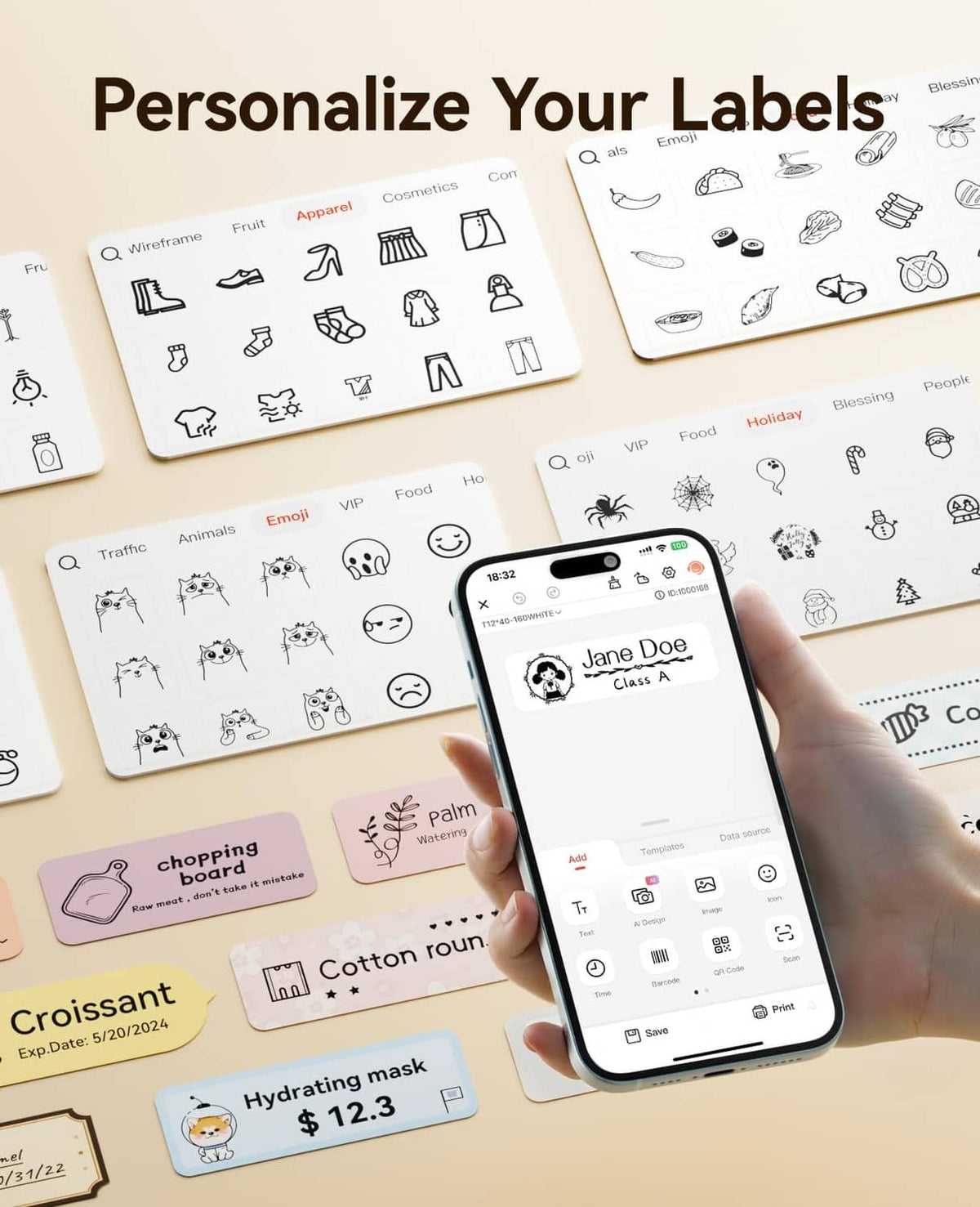 Smartphone creating personalized label designs in the label maker app