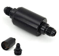 Inline AN6 fuel filter with black housing and threaded ends