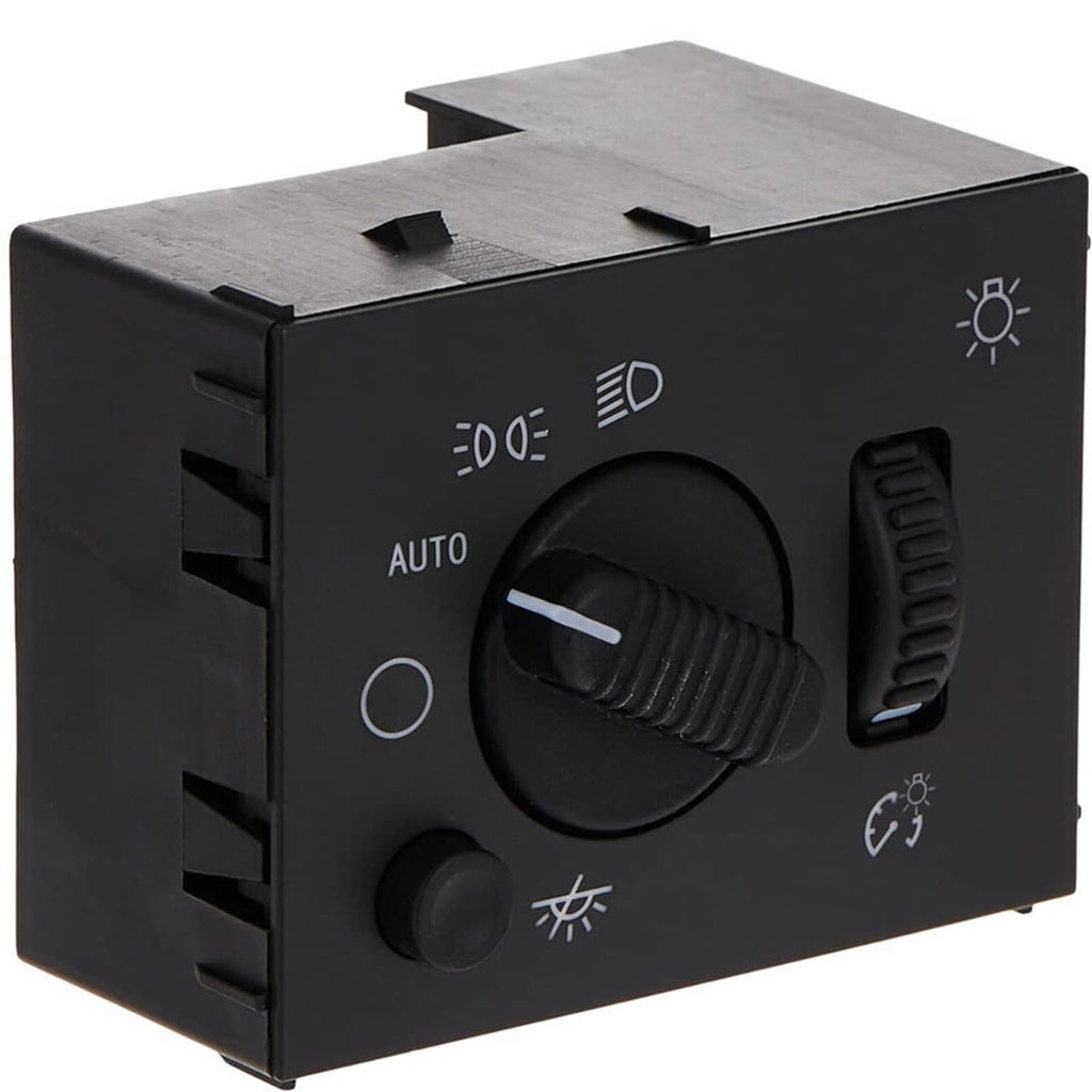 Black headlight control switch with rotary knob and side lever, front view