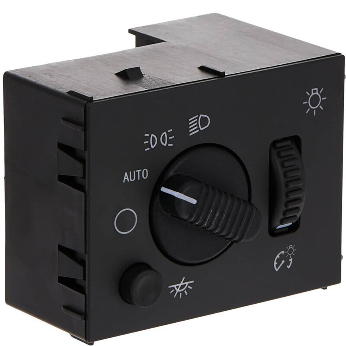 Black headlight control switch with rotary knob and side lever, front view