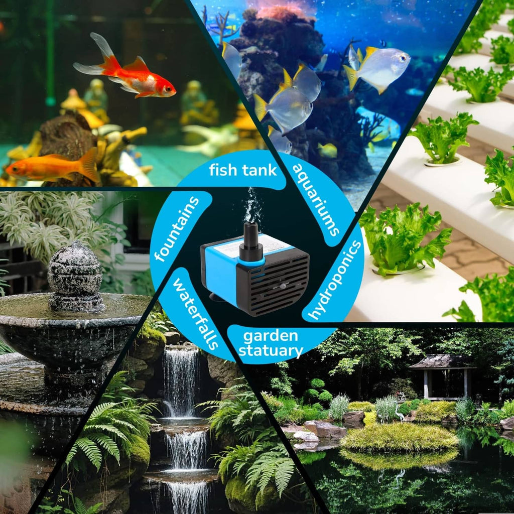 Mini submersible water pump used in aquarium and outdoor pond water flow scenes