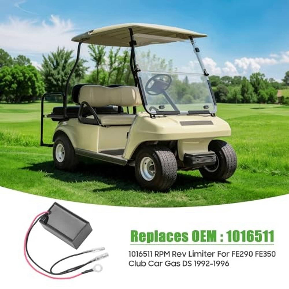 RPM rev limiter module and wiring harness displayed on a golf cart