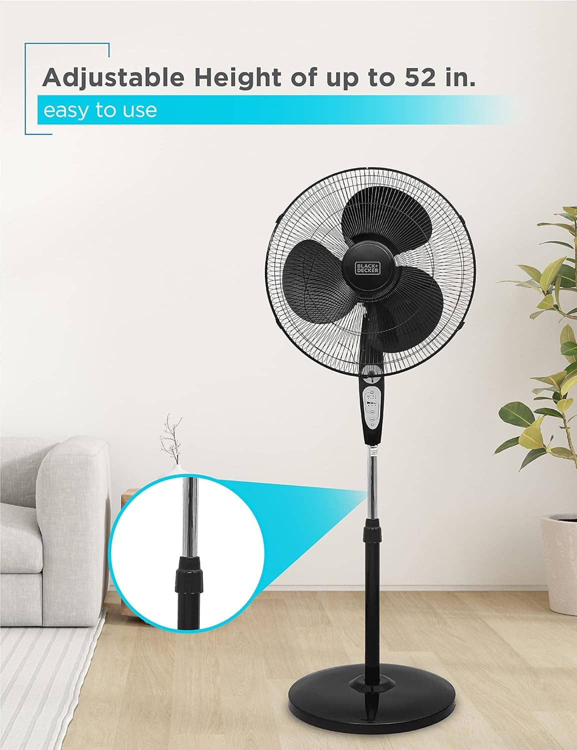 Black pedestal stand fan with adjustable height collar and power controls