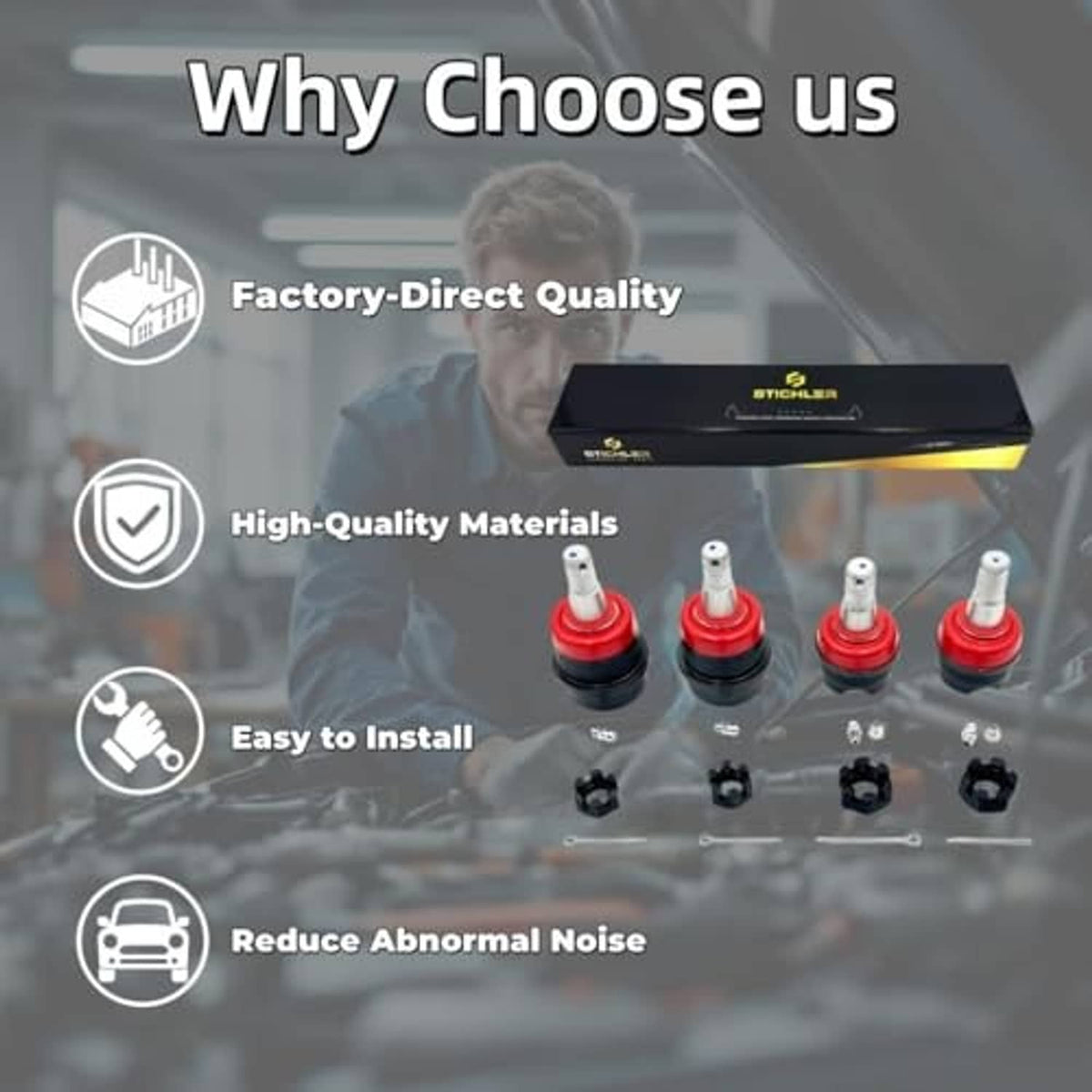 Promotional graphic with four ball joints and easy-install quality highlights