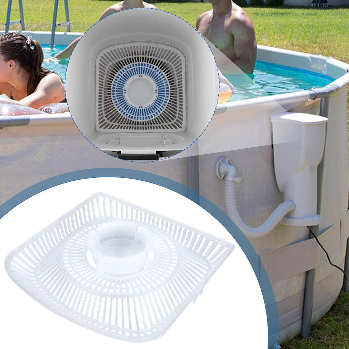 White skimmer strainer basket with slotted surface and central filter cup