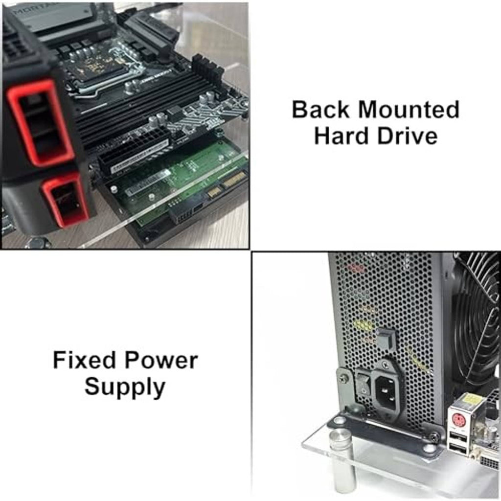 Open-frame PC case showing rear power supply and back-mounted storage connection ports